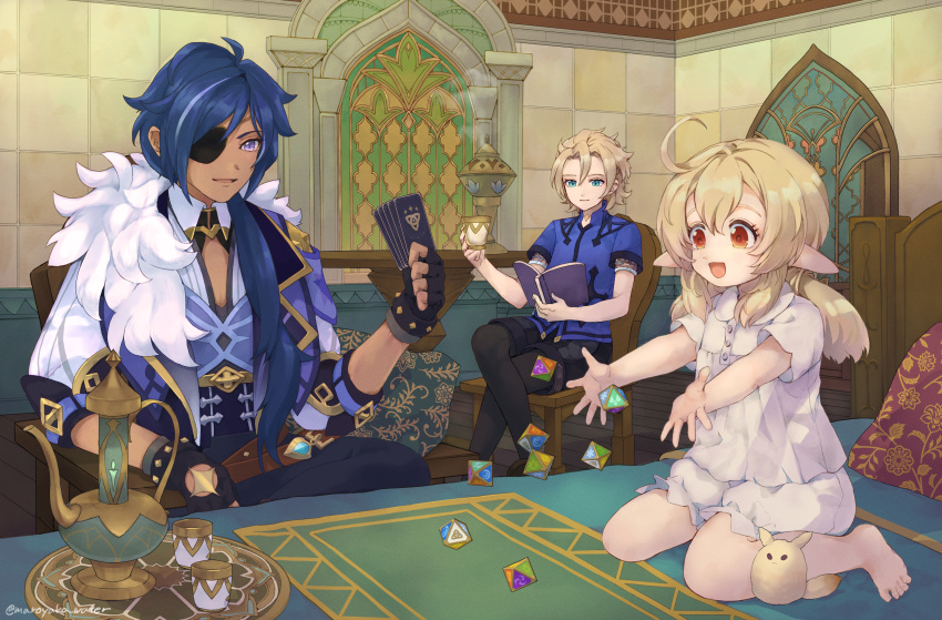1girl 2boys :d absurdres adapted_costume ahoge albedo_(genshin_impact) alternate_costume armchair ashidatea_(maroyaka_water) belt black_gloves black_hair bloomers blue_eyes book card chair commentary_request cup dark-skinned_male dark_skin dice dodoco_(genshin_impact) earrings eyepatch fingerless_gloves fur_scarf genshin_impact gloves grey_hair hair_between_eyes highres holding holding_book holding_card holding_cup indoors jewelry kaeya_(genshin_impact) klee_(genshin_impact) light_brown_hair long_hair looking_at_another looking_away multiple_boys orange_eyes pajamas pointy_ears purple_eyes short_sleeves sidelocks sitting sitting_on_table smile stained_glass stuffed_animal stuffed_toy teacup throwing underwear wariza white_bloomers white_pajamas
