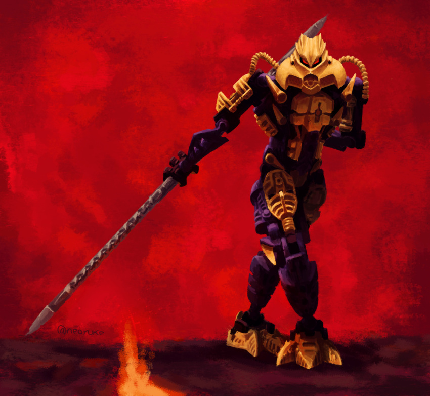 5_fingers ambiguous_gender armor bionicle blue_body brutaka claws crossed_legs digital_drawing_(artwork) digital_media_(artwork) fingers gold_body hand_behind_back hi_res holding_object holding_weapon humanoid large_weapon lava lego looking_at_viewer machine mask melee_weapon mouthless neoruke not_furry red_background red_eyes robot simple_background solo standing sword toe_claws weapon
