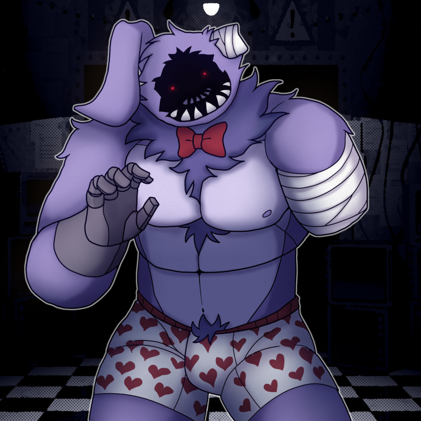 2023 amputee animatronic anthro biped bow_tie bulge chest_tuft clothing digital_media_(artwork) disability five_nights_at_freddy's five_nights_at_freddy's_2 fur heart_underwear hi_res inside lagomorph leporid machine male mammal missing_arm missing_ear navel nipples pubes purple_body purple_fur rabbit red_eyes robot scottgames solo standing teeth tuft underwear wildestwoof withered_bonnie_(fnaf)