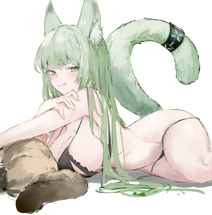 1girl :q animal_ear_fluff animal_ears arknights black_bra black_panties blush bra breasts cat cat_ears cat_tail closed_mouth commentary english_commentary from_side gnai green_eyes green_hair hand_on_own_arm harmonie_(arknights) highres infection_monitor_(arknights) large_breasts large_tail licking_lips lingerie long_hair looking_at_viewer looking_to_the_side lying naughty_face on_stomach panties panty_pull seductive_smile sideways_glance smile solo tail tail_raised thighs tongue tongue_out underwear underwear_only