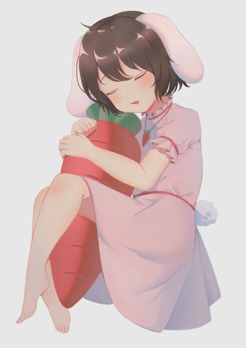 1girl animal_ears bare_legs barefoot black_hair blush carrot carrot_necklace closed_eyes dress fat123 floppy_ears highres inaba_tewi jewelry necklace parted_lips pink_dress puffy_short_sleeves puffy_sleeves rabbit_ears rabbit_tail short_hair short_sleeves simple_background sleeping solo tail toes touhou white_background
