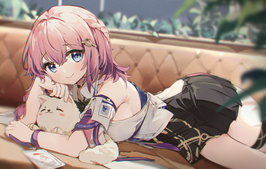 1girl asta_(honkai:_star_rail) bare_shoulders black_skirt blue_eyes bracelet closed_mouth collared_shirt commentary coria couch dog feet_out_of_frame hair_ornament hairclip highres honkai:_star_rail honkai_(series) id_card jewelry long_hair looking_at_viewer lying miniskirt on_stomach peppy_(honkai:_star_rail) pink_hair plant pleated_skirt shirt skirt sleeveless sleeveless_shirt smile solo symbol-only_commentary thigh_strap white_dog white_shirt white_sleeves