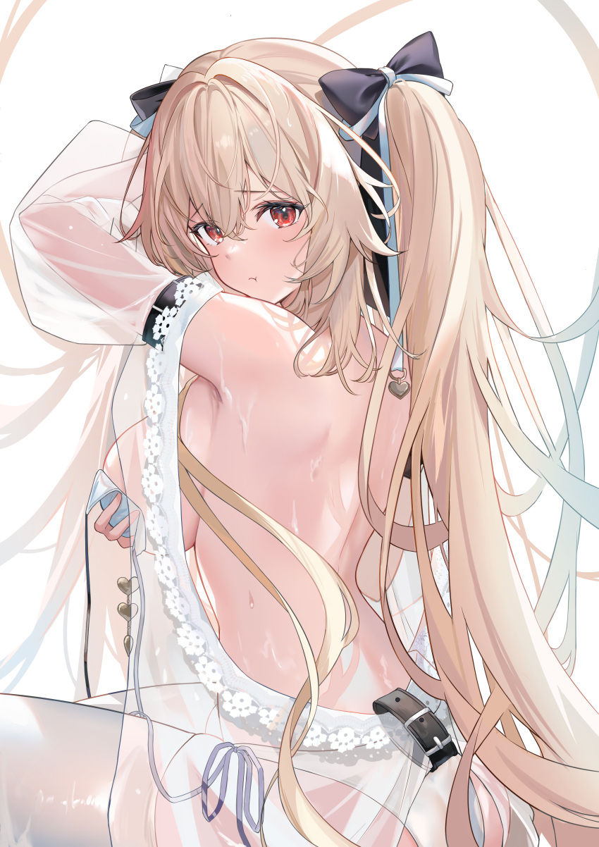 1girl absurdres alternate_costume anchorage_(azur_lane) anchorage_(dolphins_and_swim_lessons)_(azur_lane) azur_lane back bikini breasts brown_hair collar covering covering_breasts hair_between_eyes hair_ornament highres large_breasts long_hair looking_at_viewer looking_back official_alternate_costume pout red_eyes ribbon simple_background solo sora01o string_bikini swimsuit thighhighs twintails wet white_background