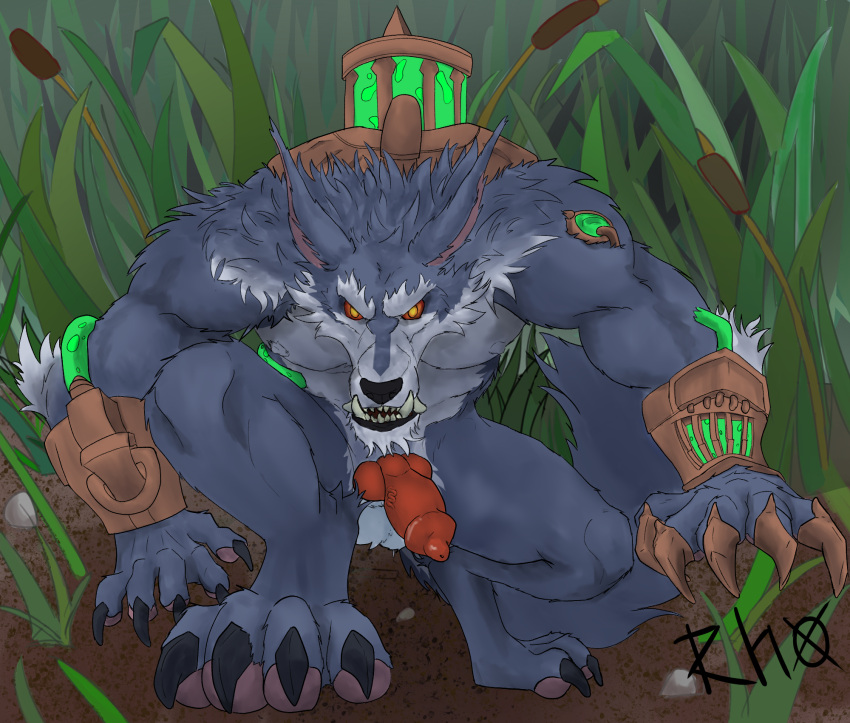 anatomically_correct anatomically_correct_genitalia animal_genitalia animal_penis anthro aroused balls breasts canid canine canis claws detailed_background digital_media_(artwork) dirt domestic_dog erection fangs feet fingers fog forest fur genitals glowing glowing_eyes grass hair half-erect hi_res jungle knot league_of_legends looking_at_viewer machine male mammal muscular muscular_anthro muscular_male nipples nude open_mouth outside paws pecs peeking_penis penis plant rhox riot_games rock sheath simple_background solo tail teeth toes tree white_body white_fur wolf