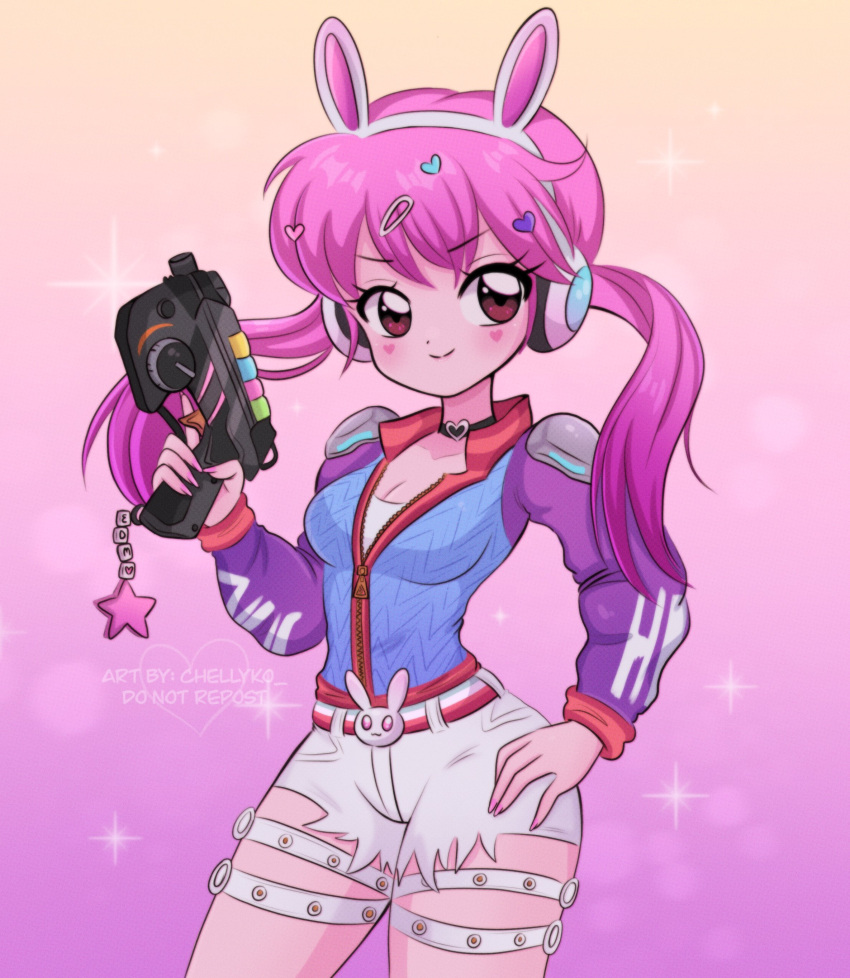 1990s_(style) 1girl absurdres animal_ear_headphones animal_ears belt blue_jacket blush breasts brown_eyes chelly_(chellyko) choker cleavage collarbone d.va_(overwatch) energy_gun fake_animal_ears hair_ornament hairclip hand_on_own_hip headphones heart heart_choker heart_hair_ornament heart_on_cheek highres holding jacket long_hair long_sleeves looking_at_viewer looking_to_the_side medium_breasts overwatch overwatch_1 pink_background pink_hair rabbit_ear_headphones rabbit_ears ray_gun red_belt retro_artstyle shirt shorts shoulder_pads smile solo sparkle standing star_(symbol) thigh_strap torn_clothes torn_shorts twintails weapon white_shirt white_shorts zipper