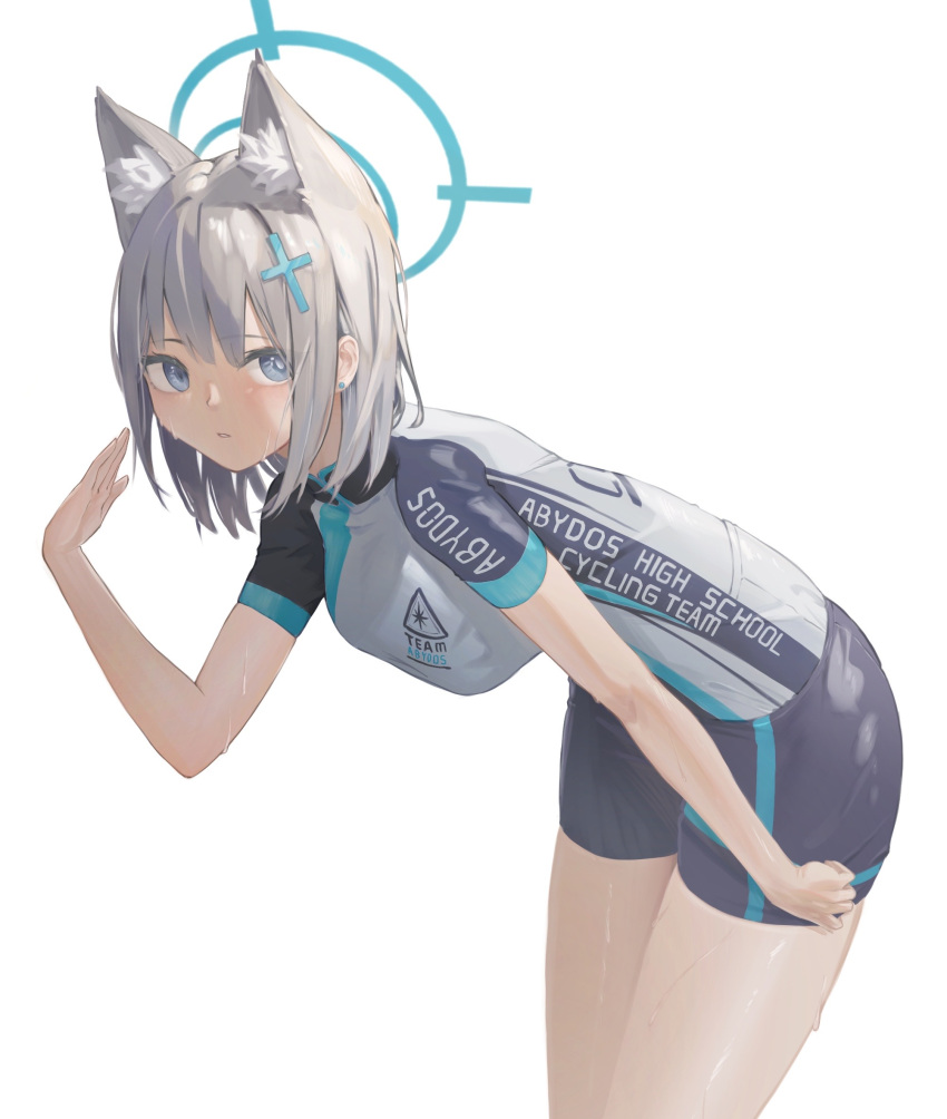 1girl animal_ears bike_jersey bike_shorts black_shorts blue_archive blue_eyes blue_halo breasts clothes_writing cross_hair_ornament extra_ears grey_hair hair_ornament halo highres medium_breasts medium_hair mismatched_pupils official_alternate_costume shiroko_(blue_archive) shiroko_(cycling)_(blue_archive) short_sleeves shorts simple_background solo sweat white_background wolf_ears yueyue_no_hand