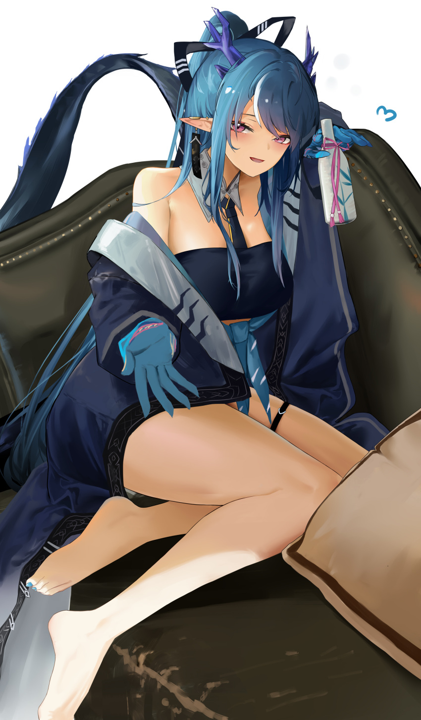 1girl absurdres arknights barefoot blue_hair blue_nails bottle couch detached_collar dragon_girl dragon_horns dragon_tail earrings highres holding holding_bottle horns jewelry ling_(arknights) looking_at_viewer on_couch pointy_ears smile solo tail xiaobei