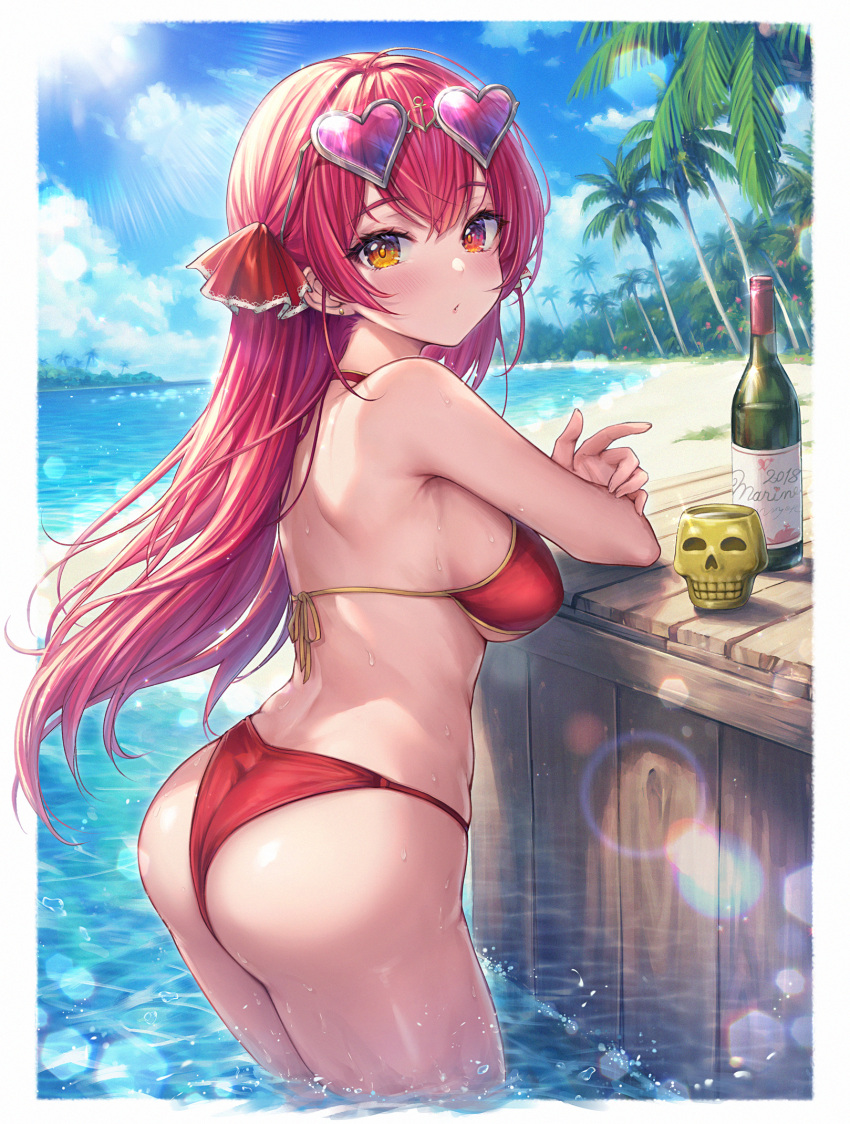 1girl ass back bare_shoulders beach bikini blush bottle breasts cloud commentary_request day earrings eyewear_on_head from_side hair_ornament hair_ribbon halterneck heart heart-shaped_eyewear heterochromia highres hololive houshou_marine houshou_marine_(4th_costume) jewelry large_breasts lens_flare lips long_hair looking_at_viewer looking_back looking_to_the_side mirukurim official_alternate_costume outdoors palm_tree partially_submerged red_bikini red_eyes red_hair red_ribbon revision ribbon sideboob skindentation skull_cup sky solo string_bikini sunglasses swimsuit thighs tree underboob very_long_hair virtual_youtuber water wet wine_bottle yellow_eyes