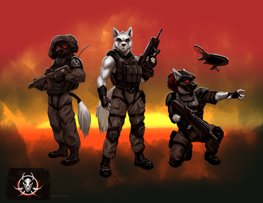 anthro armor assault_rifle belt biceps body_armor boots bottomwear bulletproof_vest canid canine canis clothing digital_media_(artwork) drone_(vehicle) eyewear flag footwear gas_mask gesture gloved_hands goggles group gun harness head_covering headgear helmet hi_res knee_pads kneeling logo looking_at_viewer male mammal marsonaut mask muscular muscular_male pants plantigrade pointing ranged_weapon rifle shoulder_pads soldier tactical_gear tail trio visor warrior weapon wolf