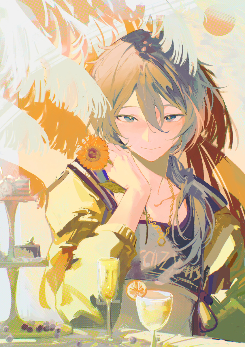 1boy absurdres beileimao black_shirt blue_eyes blush chain_necklace closed_mouth cocktail_glass cup drinking_glass ensemble_stars! flower gold_necklace green_jacket grey_hair highres jacket jewelry long_hair long_sleeves looking_at_viewer low_ponytail male_focus necklace shiina_niki shirt smile solo sunflower yellow_flower
