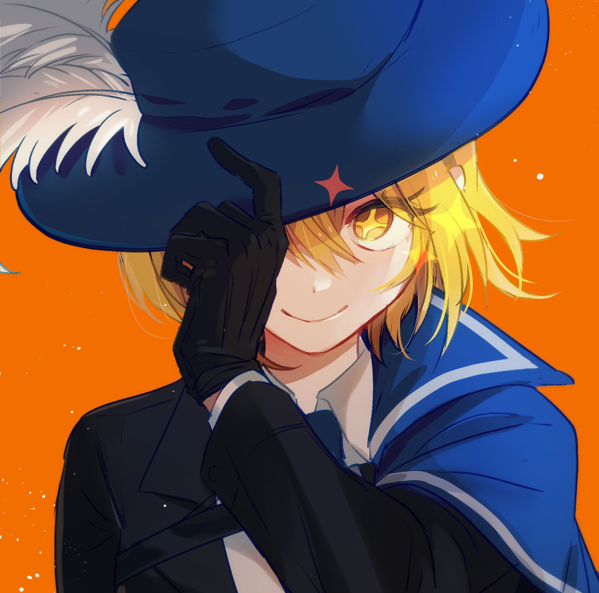 1girl aki'z black_gloves black_jacket blonde_hair blue_cape blue_headwear blue_necktie cape cavalier_hat closed_mouth commentary don_quixote_(limbus_company) gloves hand_on_headwear highres jacket limbus_company looking_at_viewer necktie orange_background plume project_moon shirt short_hair simple_background solo star-shaped_pupils star_(symbol) symbol-shaped_pupils white_shirt yellow_eyes