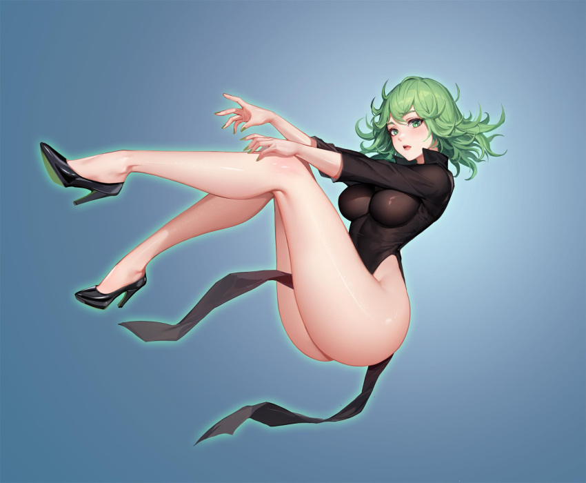 1girl ass black_dress black_footwear blue_background blush breasts commentary_request dark_night_(darkotl) dress fingernails full_body gradient_background green_eyes green_hair green_nails high_heels highleg highleg_dress highres lips long_legs looking_at_viewer medium_breasts medium_hair nail_polish one-punch_man open_mouth shiny_clothes shiny_skin short_sleeves simple_background tatsumaki thighs