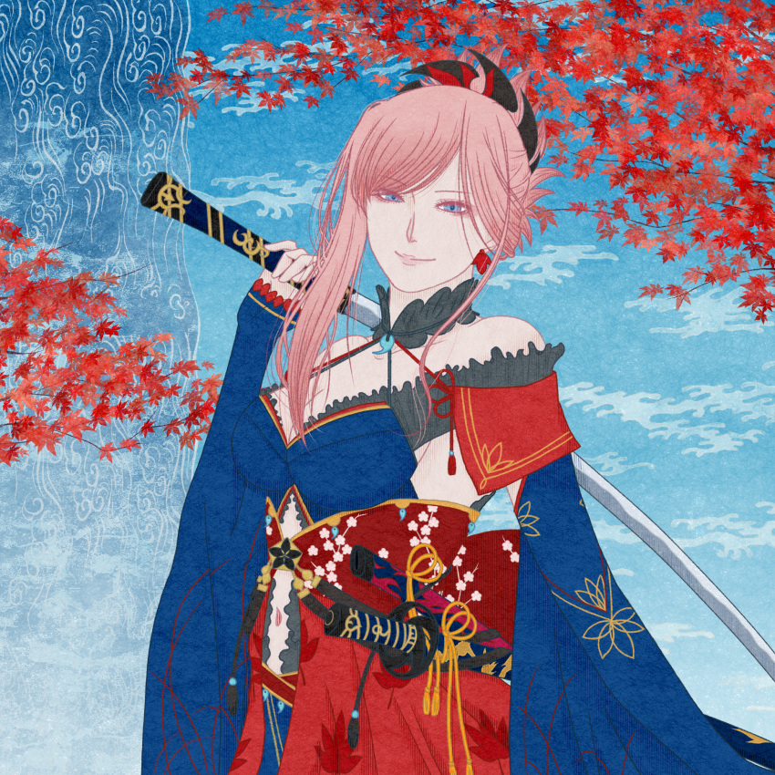 1girl asymmetrical_sidelocks blue_background blue_eyes branch breasts cleavage clothing_cutout dress earrings eyeshadow fate/grand_order fate_(series) gold_trim highres holding holding_sword holding_weapon holster japanese_clothes jewelry katana leaf leaf_earrings leaf_print light_smile lips looking_at_viewer makeup maple_leaf maple_leaf_print medium_breasts miyamoto_musashi monoumbran navel navel_cutout off-shoulder_dress off_shoulder over_shoulder pink_eyeshadow pink_hair single_earring solo sword sword_hilt sword_over_shoulder two-tone_dress updo upper_body weapon weapon_over_shoulder wide_sleeves