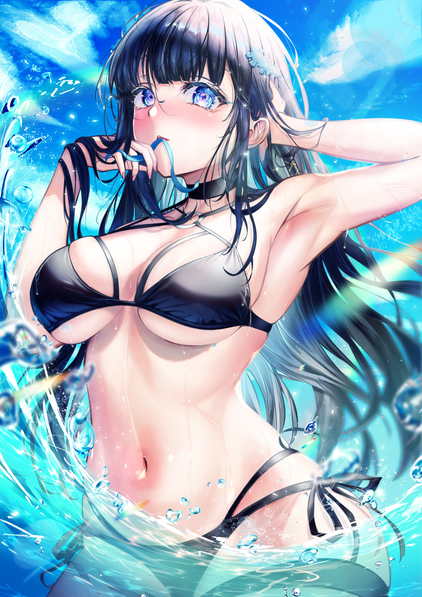 1girl absurdres armpits azureareas17 bikini black_bikini black_choker black_hair blue_eyes blue_ribbon blue_sky blush breasts choker cloud commentary_request day hair_ornament hand_in_own_hair highres lens_flare long_hair looking_at_viewer mahouka_koukou_no_rettousei medium_breasts mouth_hold navel outdoors partially_submerged ribbon ribbon_in_mouth shiba_miyuki sky solo stomach swimsuit underboob very_long_hair water_drop