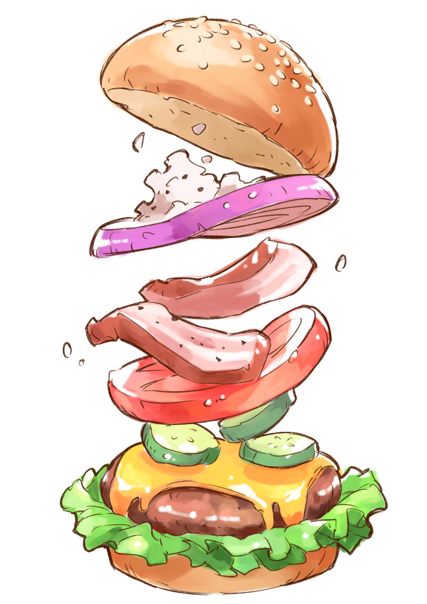 absurdres bacon bun_(food) burger cheese cucumber cucumber_slice food food_focus hasegawa_(morebeer) highres lettuce meat no_humans onion original sesame_seeds simple_background tomato tomato_slice white_background