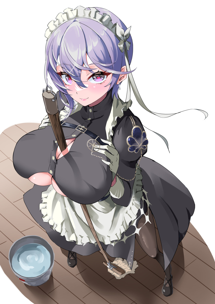 1girl absurdres apron azur_lane bellona_(armed_to_clean)_(azur_lane) bellona_(azur_lane) between_breasts black_footwear black_pantyhose breasts bucket bucket_of_water clothing_cutout earrings frills hair_between_eyes heart heart-shaped_pupils highres jewelry large_breasts long_sleeves looking_at_viewer maid maid_apron maid_headdress mop nukege_ojisan official_alternate_costume pantyhose purple_eyes purple_hair short_hair simple_background smile solo standing symbol-shaped_pupils underboob underboob_cutout water white_apron wooden_floor