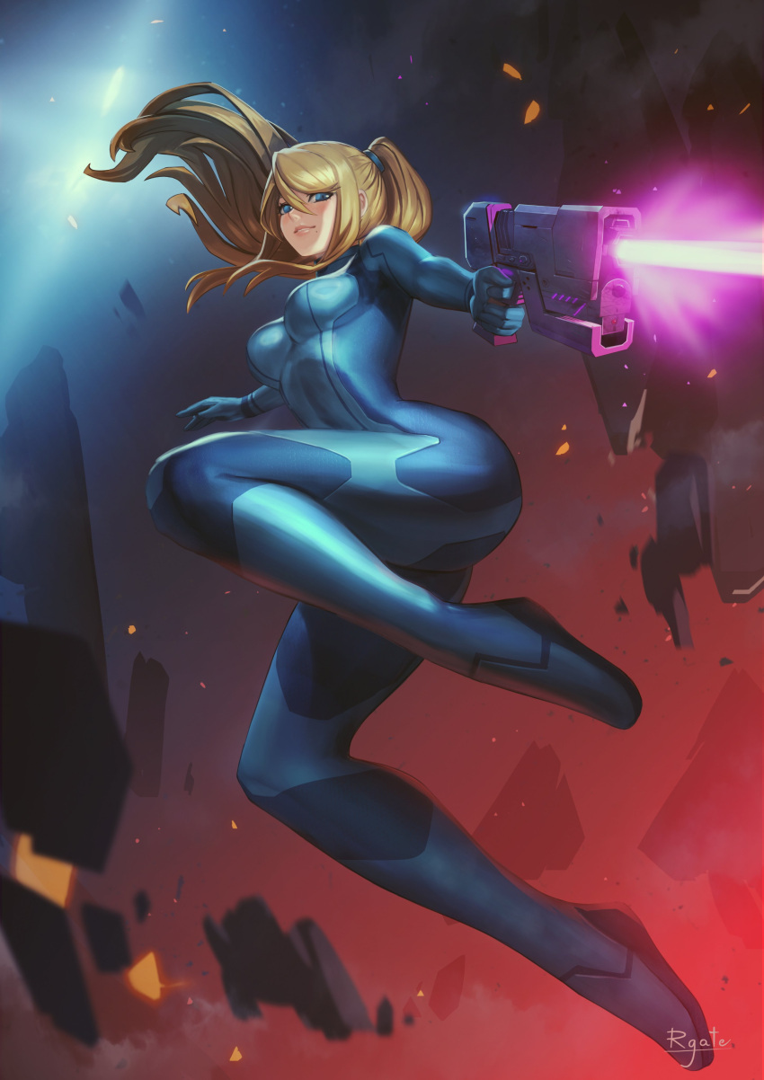 1girl absurdres artist_name blonde_hair blue_bodysuit blue_eyes bodysuit breasts commentary debris english_commentary firing floating_hair from_below gatery gun hair_between_eyes high_ponytail highres holding holding_gun holding_weapon impossible_bodysuit impossible_clothes light_blush long_hair looking_at_viewer medium_breasts metroid mole mole_under_mouth paralyzer parted_lips samus_aran skin_tight smile solo stun_gun teeth weapon zero_suit