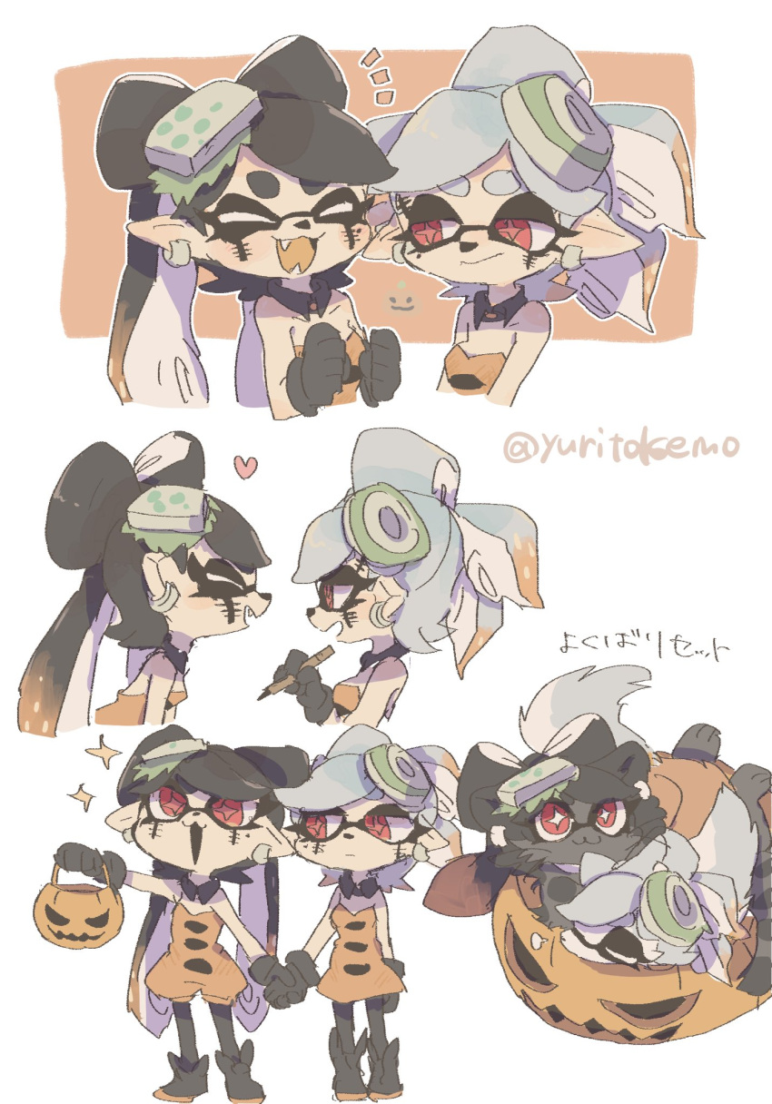 2girls :3 :d animalization applying_makeup artist_name black_hair black_pantyhose bow-shaped_hair callie_(splatoon) closed_eyes closed_mouth cousins detached_collar dress facepaint food gradient_hair grey_hair halloween halloween_bucket halloween_costume heart highres holding_hands marie_(splatoon) multicolored_hair multiple_girls multiple_views official_alternate_costume official_alternate_hair_color open_mouth orange_dress orange_hair pantyhose pumpkin red_eyes smile sparkle splatoon_(series) splatoon_1 splatoon_3 strapless strapless_dress sushi thick_eyebrows twintails white_background yuritokemo