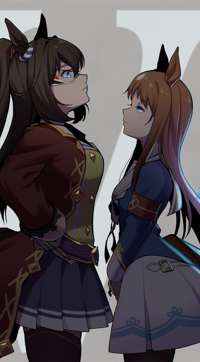2girls absurdres animal_ears armband blue_eyes blue_fire breasts brown_hair coat cowboy_shot detached_wings domino_mask dress el_condor_pasa_(umamusume) fire from_side grass_wonder_(umamusume) haibarasaika hands_on_own_hips height_difference highres horse_ears horse_girl horse_tail long_hair mask multiple_girls open_clothes open_coat own_hands_together pantyhose ponytail red_coat sailor_collar scrunchie skirt tail thighhighs umamusume white_hair wings