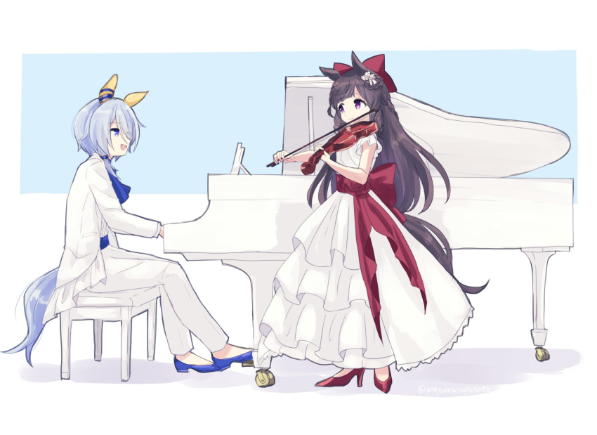 2girls animal_ears ascot blue_ascot blue_eyes blue_footwear blue_hair bow chair commentary daiichi_ruby_(umamusume) dress drill_hair ear_covers from_side hair_bow high_heels highres horse_ears horse_girl horse_tail instrument jacket k.s.miracle_(umamusume) light_blue_background looking_at_another multiple_girls music pants playing_instrument playing_piano purple_eyes red_bow red_footwear sangria_(sangria69) short_sleeves simple_background sitting smile tail two-tone_background umamusume violin white_background white_dress white_jacket white_pants