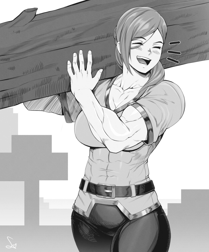 1girl abs absurdres alex_(minecraft) alternate_muscle_size artist_name breasts closed_eyes commentary english_commentary greyscale highres holding large_breasts log minecraft monochrome muscular muscular_female open_mouth parted_lips ponytail short_sleeves simple_background smile solo speedl00ver teeth twitter_username watermark white_background