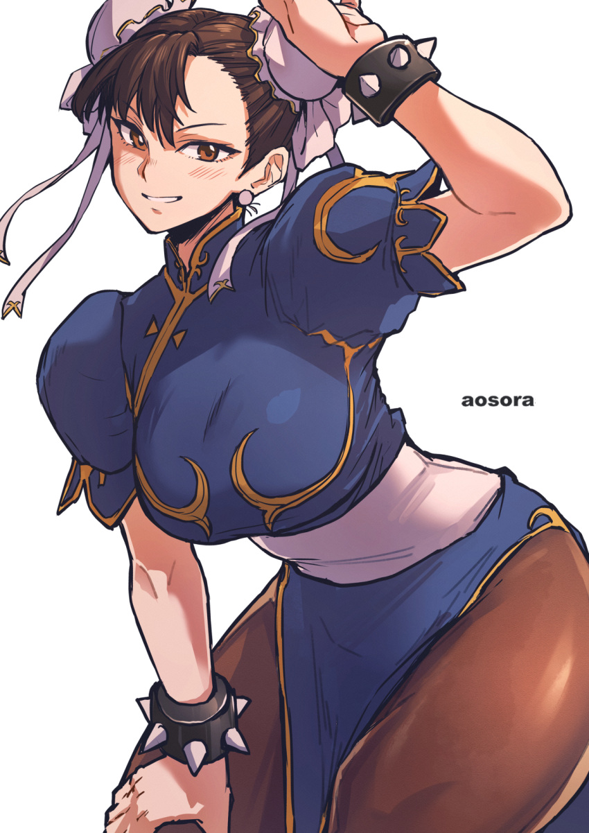 1girl aosora2823 artist_name blue_dress bracelet breasts brown_eyes brown_pantyhose china_dress chinese_clothes chun-li double_bun dress earrings hair_bun hand_up highres jewelry non-web_source pantyhose pelvic_curtain puffy_short_sleeves puffy_sleeves short_sleeves smile solo spiked_bracelet spikes street_fighter thick_thighs thighs