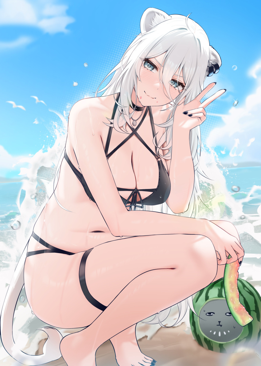 1girl absurdres animal_ear_fluff animal_ear_piercing animal_ears bare_arms barefoot beach bikini black_bikini black_nails blue_eyes breasts closed_mouth day food food_on_face front-tie_bikini_top front-tie_top fruit hair_between_eyes highres holding holding_food holding_fruit hololive large_breasts lion_ears lion_tail long_hair outdoors shishiro_botan smile solo squatting ssrb_(shishiro_botan) swimsuit tail thigh_strap very_long_hair virtual_youtuber wanne watermelon watermelon_slice white_hair