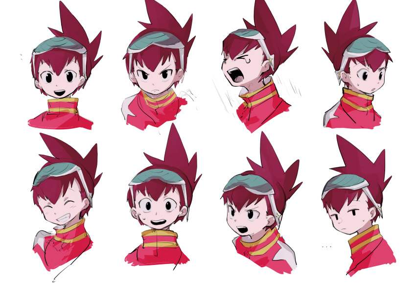 ._. 1boy azimuth72 brown_hair clenched_teeth commentary_request crying eyewear_on_head geo_stelar_(mega_man) highres looking_at_viewer male_focus mega_man_(series) mega_man_star_force short_hair simple_background smile solo spiked_hair surprised sweat teeth upper_body white_background