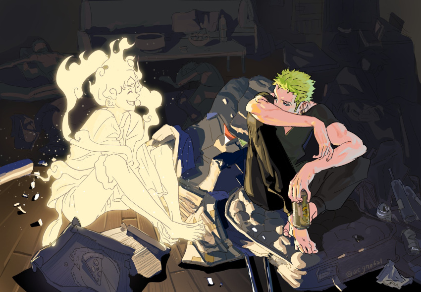 2boys acgn0621 beer_can black_pants bottle can cloud_hair gear_fifth green_hair highres holding holding_can illumination looking_at_another male_focus messy_room monkey_d._luffy multiple_boys one_piece pants pizza_box roronoa_zoro short_hair shorts sideburns sitting smile spoilers white_hair