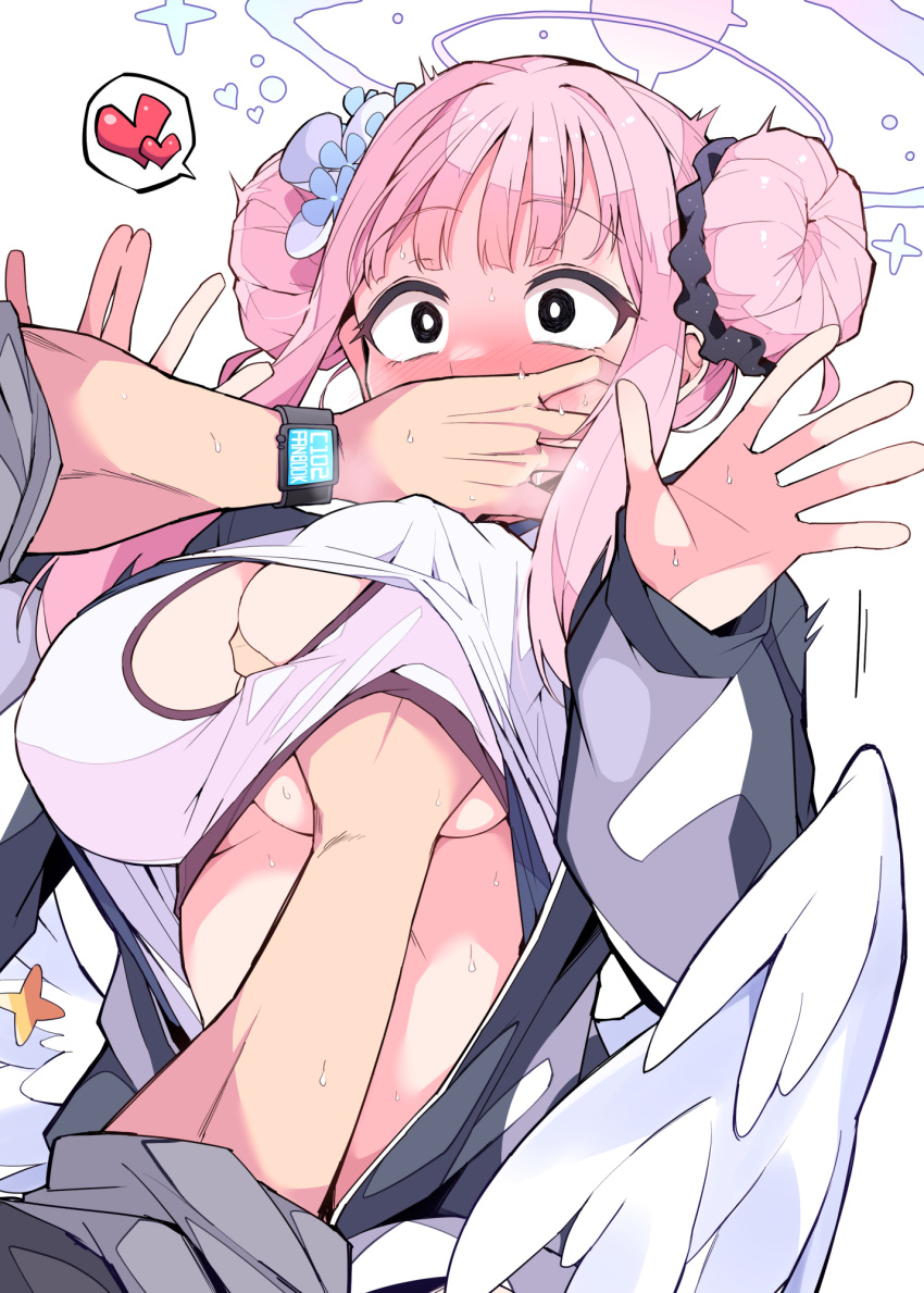 1boy 1girl blue_archive blush breasts cleavage clothes_lift covering_another's_mouth double_bun feathered_wings grabbing grabbing_another's_breast hair_bun hair_ornament hair_scrunchie halo hand_under_clothes heart hetero highres himiya_jouzu jacket large_breasts long_sleeves looking_at_another mika_(blue_archive) nose_blush pink_hair scrunchie shirt shirt_lift sidelocks simple_background spoken_heart sports_bra sweatdrop track_jacket upper_body watch white_background white_shirt white_sports_bra white_wings wide-eyed wings wristwatch