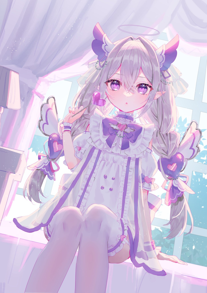 1girl bow bowtie braid candy commission curtains dress food frilled_dress frills grey_hair halo harushio heart heart_lollipop highres indie_virtual_youtuber lollipop long_hair pointy_ears purple_bow purple_bowtie purple_eyes shaped_lollipop sitting skeb_commission solo tenshi_uyu thighhighs twin_braids virtual_youtuber white_dress white_thighhighs