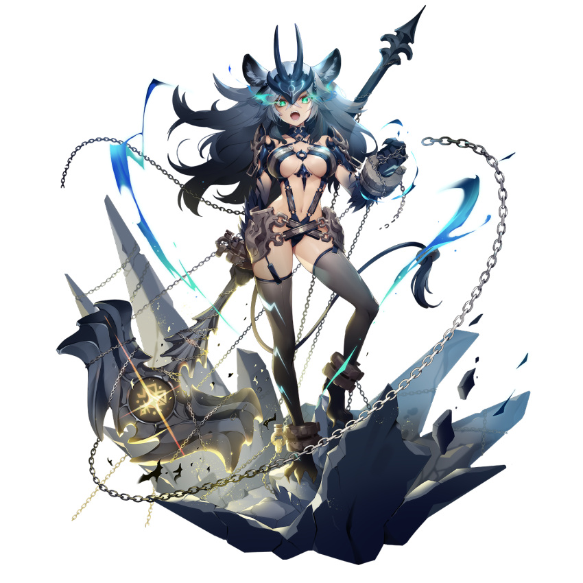 1girl :o aira_(eversoul) alternate_universe animal_ears animal_feet animal_hands ankle_cuffs armor ass_visible_through_thighs bare_shoulders belt black_hair blue_eyes blue_hair blue_panties breasts breasts_apart broken broken_chain chain claws cuffs eversoul fangs full_body game_cg glint glowing glowing_eyes hair_ornament highres hip_armor holding holding_weapon horns large_breasts lightning_bolt_print lion_ears lion_girl lion_tail long_hair looking_at_viewer looking_down midriff multicolored_hair multiple_belts navel official_alternate_costume official_alternate_hair_color official_art open_mouth panties pauldrons shoulder_armor solo standing stomach tachi-e tail thighhighs transparent_background two-tone_hair underboob underwear war_hammer weapon wrist_cuffs