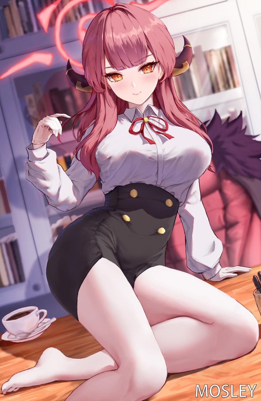 1girl arm_support artist_name aru_(blue_archive) barefoot black_skirt blue_archive blurry blurry_background bookshelf breasts closed_mouth collared_shirt cup demon_horns feet halo high-waist_skirt highres horns jacket large_breasts legs light_blush long_hair long_sleeves looking_at_viewer mosley_(mosleyyy) neck_ribbon on_table orange_hair red_ribbon ribbon saucer shirt sitting skirt smile solo table teacup toes unworn_jacket white_shirt yellow_eyes yokozuwari