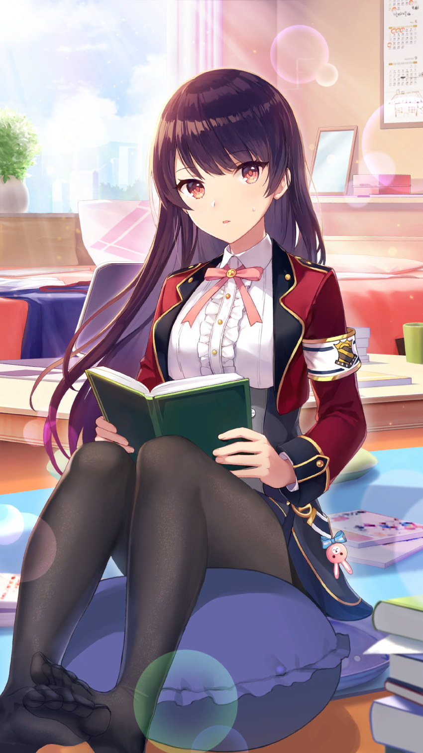 1girl black_hair black_pantyhose blue_skirt book calendar_(object) center_frills collared_shirt cropped_jacket cushion day frilled_shirt frills full_body girl_cafe_gun highres holding holding_book indoors jacket lens_flare lens_flare_abuse long_hair long_sleeves looking_at_viewer miniskirt neck_ribbon no_shoes official_art on_floor open_clothes open_jacket pantyhose parted_lips pink_ribbon rabbit_ornament reading red_eyes red_jacket ribbon shi_wuxia shirt sitting skirt solo white_armband white_shirt window