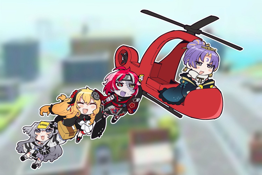 aircraft bangs blonde_hair colored_inner_hair colored_skin grey_hair hair_bun helicopter heterochromia hololive hololive_indonesia japanese_clothes kaela_kovalskia kimono kureiji_ollie long_hair mitsumine_(ookami_no_oyashiro) moona_hoshinova multicolored_hair multiple_girls open_mouth patchwork_skin purple_eyes purple_hair red_hair smile stitched_face stitches sweat two-tone_hair vestia_zeta virtual_youtuber zombie