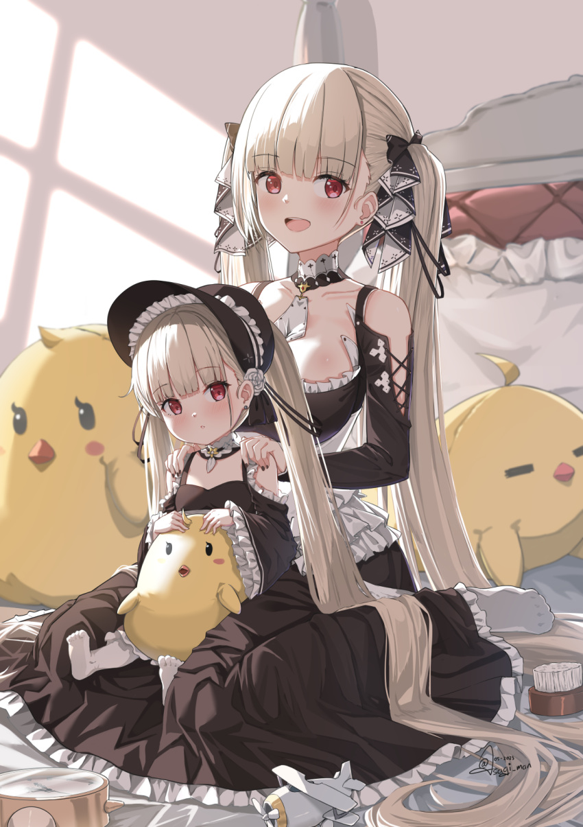 2girls absurdly_long_hair aged_down analog_clock artist_name as4gi azur_lane bed black_dress black_nails black_ribbon breasts clock collarbone dated detached_sleeves dress dual_persona english_commentary female_child formidable_(azur_lane) frilled_sleeves frills grey_hair hair_brush hair_ribbon highres large_breasts little_formidable_(azur_lane) long_hair long_sleeves looking_at_viewer manjuu_(azur_lane) multiple_girls nail_polish on_bed open_mouth red_eyes ribbon signature sitting sitting_on_person smile stuffed_animal stuffed_toy toy_airplane twintails twitter_username very_long_hair wariza wide_sleeves