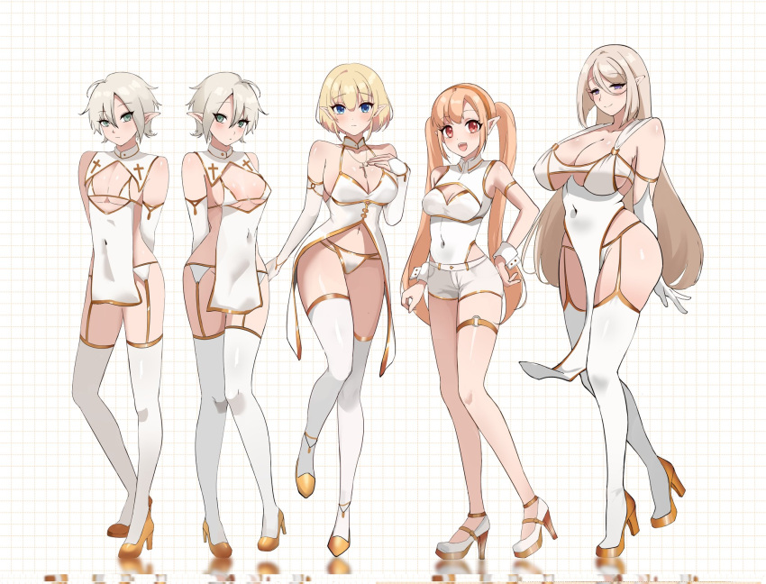 1boy 4girls :d babydoll bare_legs bare_shoulders blue_eyes blush breasts brother_and_sister cleavage cleavage_cutout clothing_cutout covered_navel cross english_commentary full_body garter_belt garter_straps gold_footwear green_eyes hair_between_eyes hairband highres large_breasts long_hair long_legs looking_at_viewer medium_breasts multiple_girls navel orange_eyes original panties pelvic_curtain revealing_clothes sennei short_hair short_shorts shorts siblings sleeveless small_breasts smile standing strappy_heels thigh_strap thighhighs twintails underwear very_long_hair white_panties white_shorts white_thighhighs wrist_cuffs