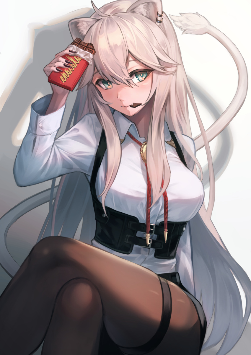 1girl absurdres animal_ear_piercing animal_ears black_nails black_pantyhose breasts candy chocolate chocolate_bar ear_piercing eating fang food green_eyes grey_hair hakusyokuto highres holding holding_chocolate holding_food hololive large_breasts lion_ears lion_girl lion_tail long_hair long_sleeves looking_at_viewer pantyhose piercing shirt shishiro_botan shishiro_botan_(3rd_costume) sitting smile solo tail virtual_youtuber white_shirt