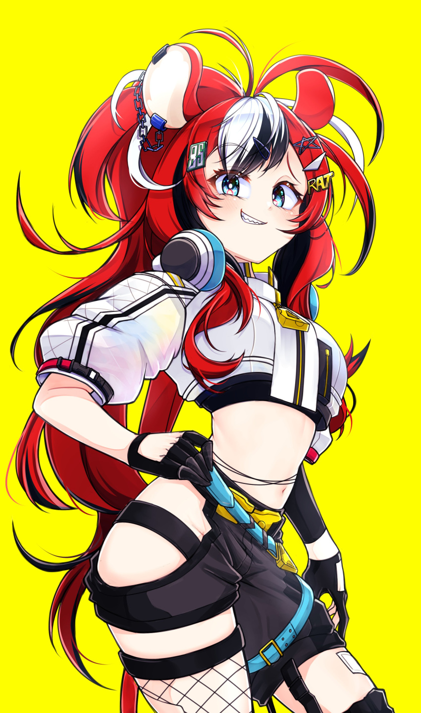 1girl absurdres animal_ears belt black_hair blue_eyes hakos_baelz headphones headphones_around_neck highres hololive hololive_english kghazir long_hair midriff mouse_ears mouse_girl multicolored_hair multiple_belts official_alternate_costume ponytail puffy_short_sleeves puffy_sleeves red_hair short_sleeves shorts side_slit side_slit_shorts virtual_youtuber white_hair yellow_background