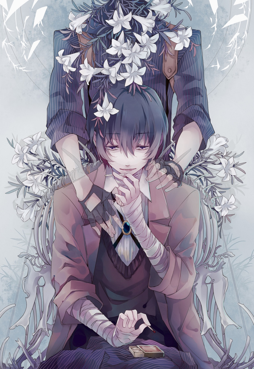 2boys :p bandaged_arm bandaged_neck bandages black_gloves black_hair black_pants black_shirt bolo_tie brown_coat brown_sweater_vest bungou_stray_dogs cigarette coat collared_shirt cutout_gloves dazai_osamu_(bungou_stray_dogs) eveshut fingerless_gloves flower gloves grey_background hair_between_eyes half-closed_eye hand_on_another's_chest hand_on_another's_shoulder head_out_of_frame highres holding holding_cigarette holding_matchstick holster lily_(flower) long_sleeves looking_at_viewer male_focus matchbox matches multiple_boys oda_sakunosuke_(bungou_stray_dogs) pants pinstripe_pattern pinstripe_shirt purple_eyes shirt short_hair shoulder_holster skeleton sleeves_rolled_up smile striped sweater_vest tongue tongue_out transparent unworn_shirt upper_body white_flower white_lily white_shirt