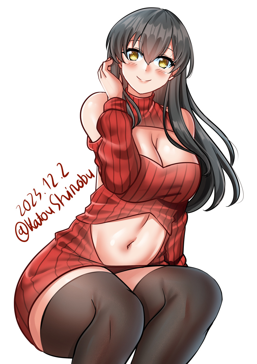 1girl absurdres akagi_(kancolle) bare_shoulders black_hair black_thighhighs blush breasts cleavage commentary_request dated highres kantai_collection katou_shinobu large_breasts long_hair meme_attire midriff mixed-language_commentary navel red_sweater simple_background smile solo sweater thighhighs twitter_username virgin_killer_sweater white_background