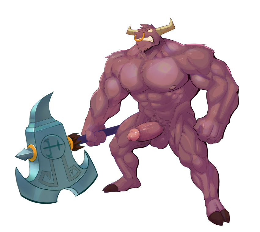 2_horns abs anthro axe balls bovid bovine cattle demon_bull_king facial_piercing genitals hi_res holding_axe holding_object holding_weapon hooves horn humanoid_genitalia humanoid_penis lego_monkie_kid male mammal muscular muscular_anthro muscular_male nose_piercing nude peapeafur pecs penis piercing purple_balls purple_body purple_penis simple_background solo weapon white_background