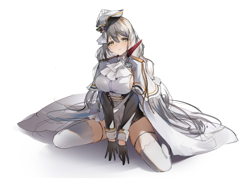 1girl absurdres aiguillette aquila_(azur_lane) azur_lane black_gloves cape flantia gloves green_eyes hair_between_eyes highres long_hair long_sleeves looking_at_viewer medal military_uniform parted_lips simple_background sitting smile solo thigh_strap thighhighs uniform wariza white_background white_cape white_hair white_headwear white_thighhighs