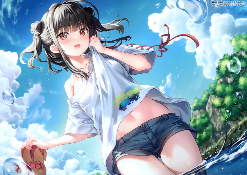 1girl :d absurdres black_hair blue_shorts blue_sky blush clothes_lift cloud collarbone day denim denim_shorts double_bun fujima_takuya hair_bun highres holding holding_shoes looking_at_viewer navel non-web_source original outdoors partially_submerged red_eyes shirt shirt_lift shoes short_sleeves shorts sidelocks sky smile solo standing t-shirt thigh_gap wading water_drop wet white_shirt