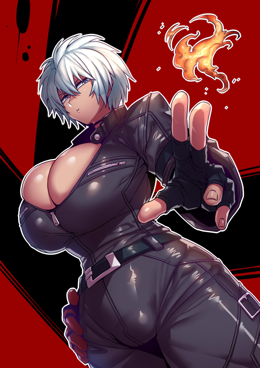 1girl absurdres belt black_gloves breasts cleavage cleavage_cutout clothing_cutout commission fingerless_gloves fire genderswap genderswap_(mtf) gloves highres jumpsuit k'_(kof) large_breasts parted_lips short_hair skeb_commission skindentation solo tan the_king_of_fighters tukiwani white_hair zipper_pull_tab