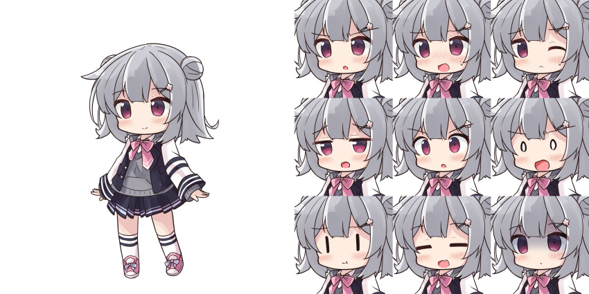 0_0 1girl :o :t black_jacket black_skirt blush_stickers bow cevio chibi closed_eyes closed_mouth collared_shirt commentary_request double_bun flower grey_hair grey_sweater hair_bun hair_flower hair_ornament hairclip highres jacket kneehighs koharu_rikka open_clothes open_jacket pink_bow pink_footwear pleated_skirt purple_eyes ryogo shaded_face shirt shoes simple_background skirt socks standing sweater v-shaped_eyebrows white_background white_flower white_shirt white_socks |_|