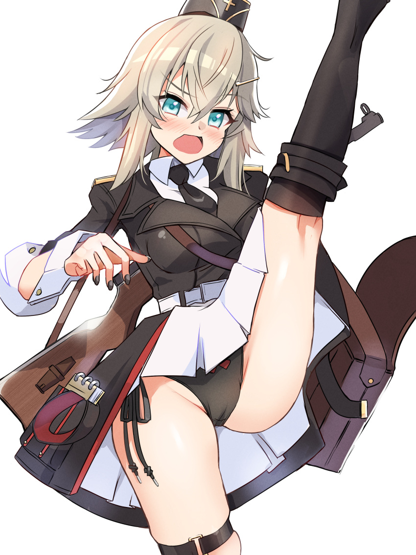 1girl absurdres black_footwear black_headwear black_jacket black_nails black_necktie black_panties black_socks blaze_(blazeillust) blonde_hair blue_eyes blush boots bow bow_panties breasts brown_bag commentary_request commission crossed_bangs fingernails foot_out_of_frame garrison_cap girls'_frontline gun hair_between_eyes hair_ornament hairclip hat high_kick highres jacket kicking looking_at_viewer medium_breasts military military_hat military_uniform mp41 mp41_(girls'_frontline) necktie notepad open_mouth panties pixiv_commission raised_eyebrow shirt short_hair side-tie_panties simple_background skindentation skirt socks solo submachine_gun thigh_strap underwear uniform weapon white_background white_shirt white_skirt white_wrist_cuffs wrist_cuffs