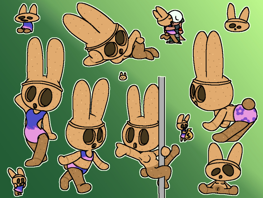 animal_crossing anthro brown_body clothed clothing coco_(animal_crossing) convenient_censorship duo empty_eyes fecharis female genitals gyroid hand_behind_head hi_res kissing lagomorph leporid lizard lying male male/female mammal mask multiple_poses nintendo nude null on_side one-piece_swimsuit pole pose purple_clothing pussy rabbit reptile scalie solo spread_legs spreading stripper_pole swimwear thine thine_dude two-piece_swimsuit underwear underwear_only