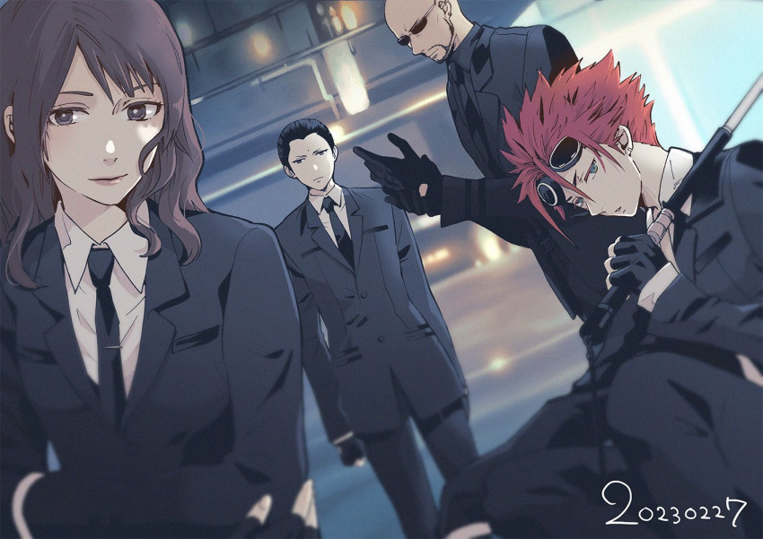 1girl 3boys adjusting_clothes adjusting_gloves bald bangs baton_(weapon) bindi black_gloves black_hair black_jacket black_necktie black_pants black_shirt black_suit blurry blurry_background blurry_foreground brown_hair cissnei collared_shirt crisis_core_final_fantasy_vii crossed_arms dated earrings feet_out_of_frame final_fantasy final_fantasy_vii fingerless_gloves formal gloves goggles goggles_on_head hair_between_eyes hair_pulled_back jacket jewelry long_hair low_ponytail multiple_boys necktie o_yaszzzzz over_shoulder pants red_hair reno_(ff7) rude_(ff7) shirt short_hair single_earring suit suit_jacket tseng wavy_hair weapon weapon_over_shoulder white_shirt