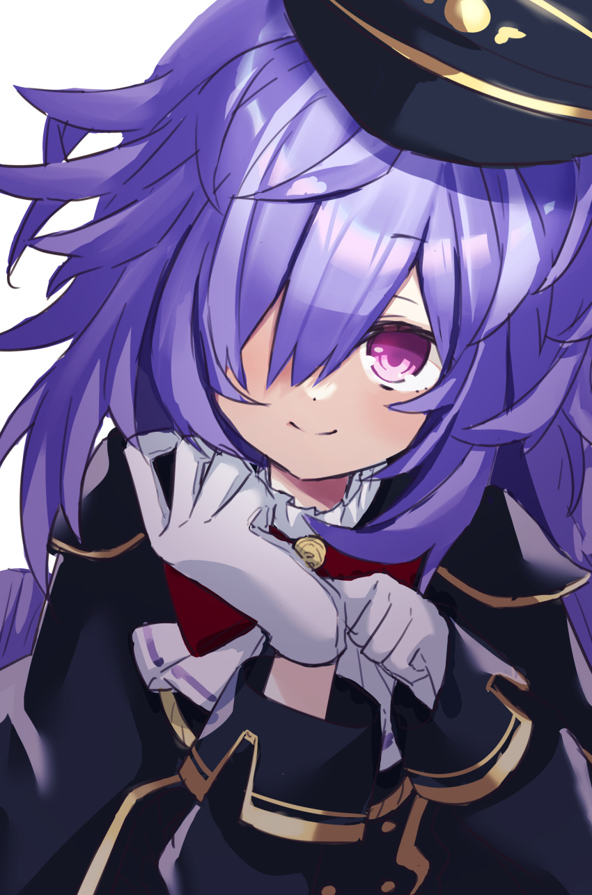 1girl absurdres alternate_costume animal_ears braid gloves hair_between_eyes hair_over_one_eye hat highres kami_jigen_game_neptune_v moya_44444 neptune_(series) pink_eyes purple_hair pururut rabbit_ears smile uniform upper_body white_gloves